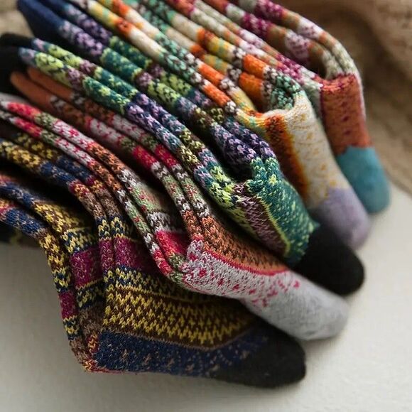 Cozy Winter Geometric Pattern Thick Knit Women's Crew Polyester Blend 5-Pack NEW - Picture 3 of 6